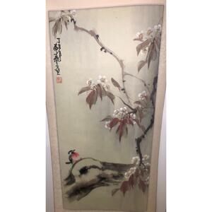 Vintage Asian Silk Scroll Bird Blossom Painting Kakejiku Wall Art w Box